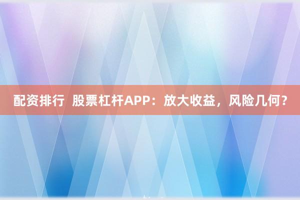 配资排行 股票杠杆APP:放大收益,风险几何?